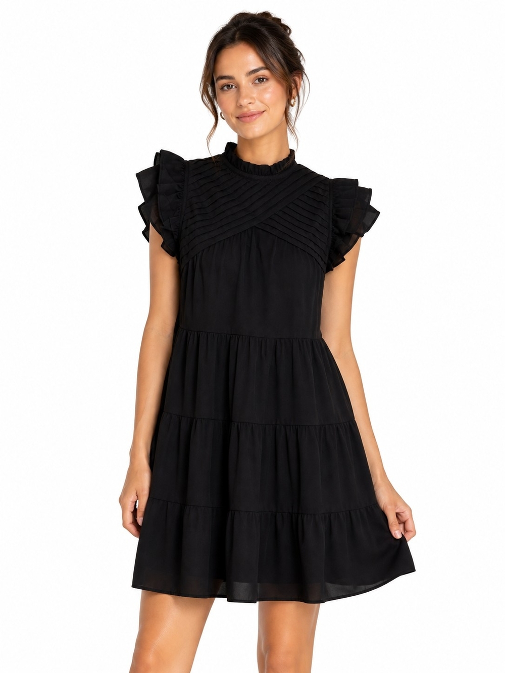 entro Black Ruffle-Sleeve Tiered Mini Dress Size S